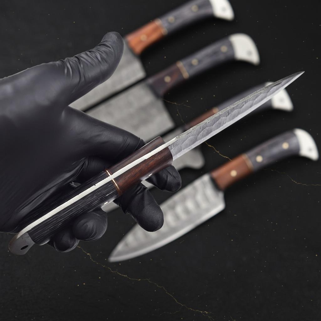 Custom Hand Forged Damascus Kitchen Knife Set, 5-Piece with Rosewood Handles - 6