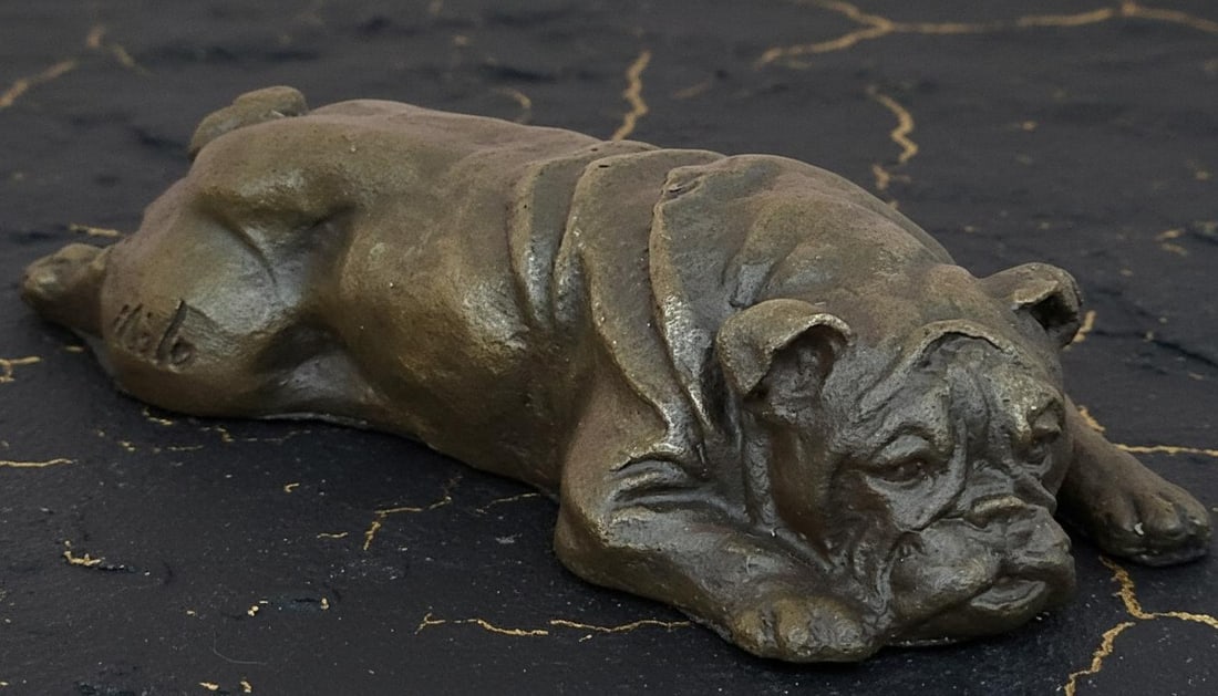Lying English Bulldog Bronze Figure, Signed Original Sculpture by Milo: Title:Lying English Bulldog Bronze Figure, Signed Original Sculpture by MiloDescription:This collectible bronze sculpture captures an English Bulldog figure in a state of contentment. Handcrafted