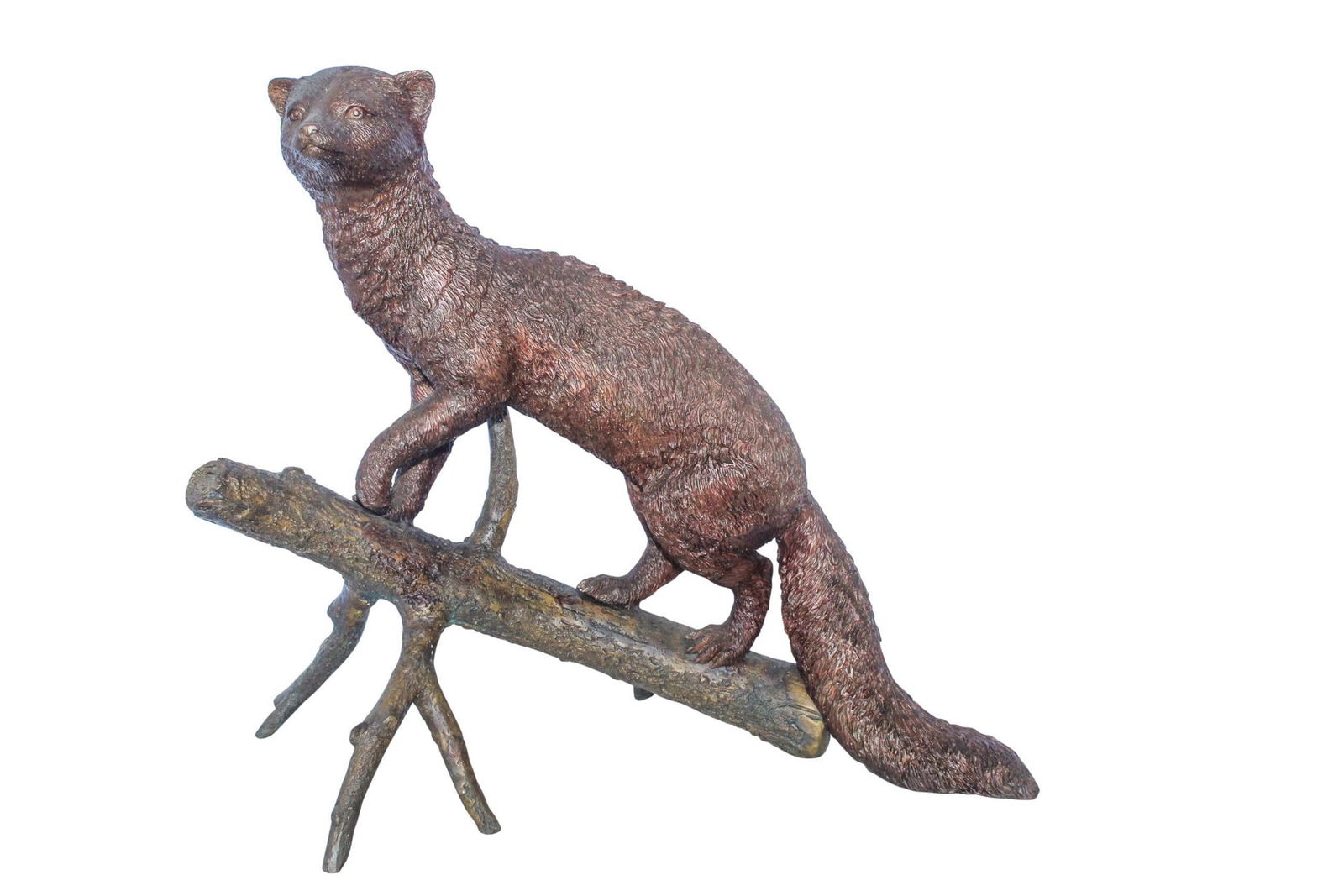 Bronze Statue of a Mongoose Climbing a Tree Branch 24" x 12" x 20"H: Title:Bronze Statue of a Mongoose Climbing a Tree Branch 24" x 12" x 20"H Description:Enhance your home or office with this beautiful bronze statue of three dolphins leaping from water. Handcrafted an