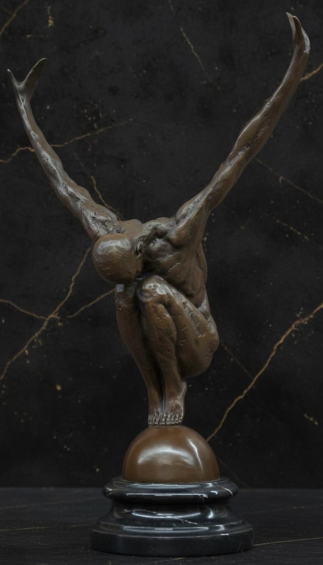 Large Signed Milo Bronze Sculpture Athletic Male Swimmer Diver on Marble Base: Title:Large Signed Milo Bronze Sculpture Athletic Male Swimmer Diver on Marble BaseDescription:This large bronze sculpture by Portuguese artist Miguel Lopez, also known as Milo, captures the dynamic