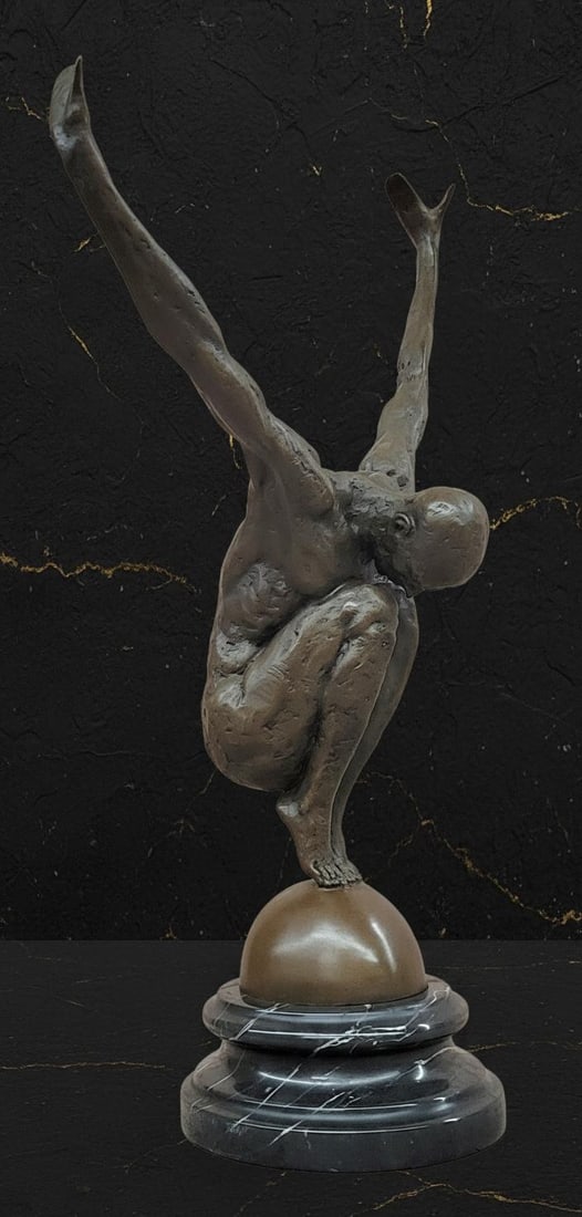 Large Signed Milo Bronze Sculpture Athletic Male Swimmer Diver on Marble Base - 4