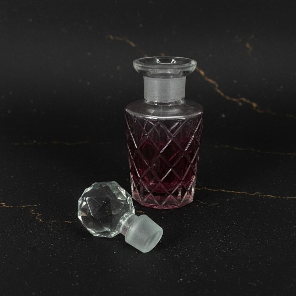 Burgundy Cut Glass Art Deco Perfume Bottle with Faceted Stopper Vintage - 2