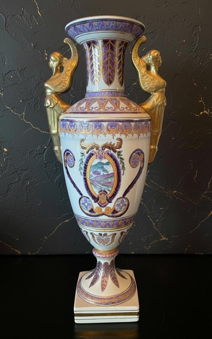 Hand Painted Winged Victory Urn 18" Vintage Porcelain Vase Purple Green & Gold (1 of 11)
