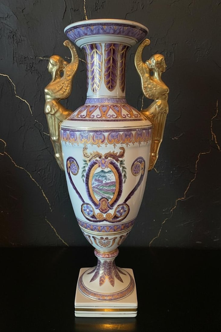 Hand Painted Winged Victory Urn 18" Vintage Porcelain Vase Purple Green & Gold - 2