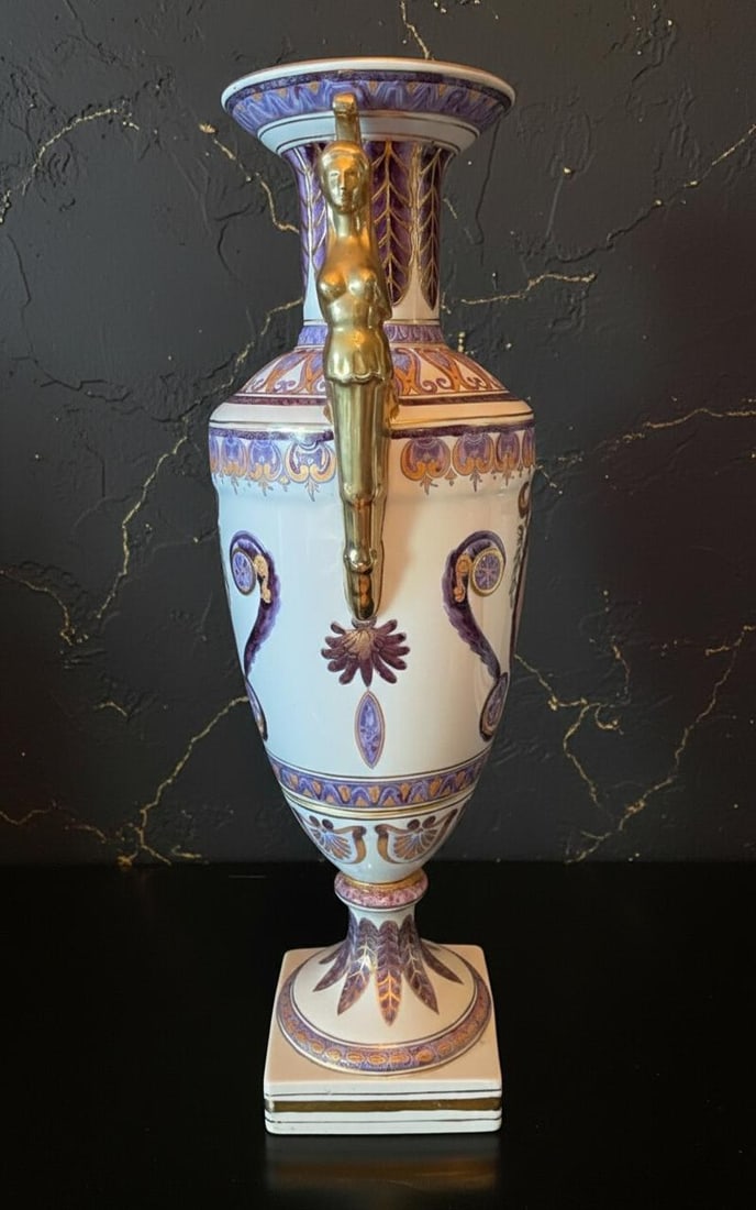 Hand Painted Winged Victory Urn 18" Vintage Porcelain Vase Purple Green & Gold - 3