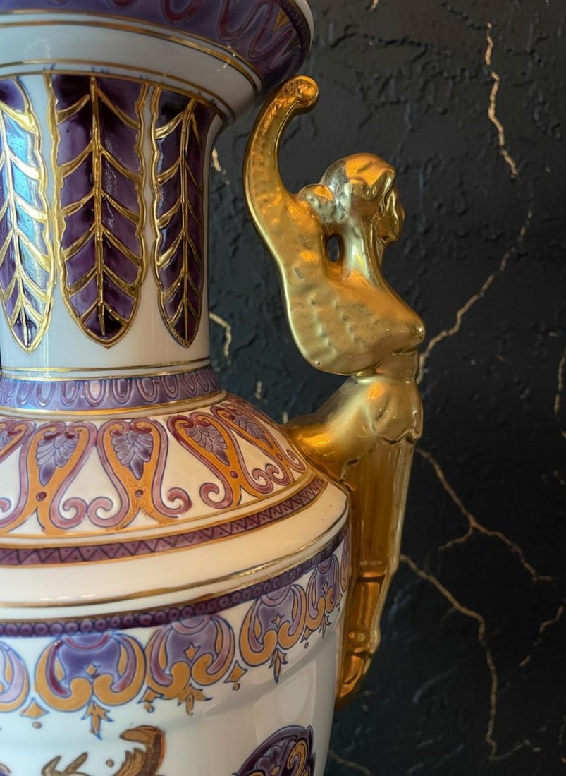 Hand Painted Winged Victory Urn 18" Vintage Porcelain Vase Purple Green & Gold - 5
