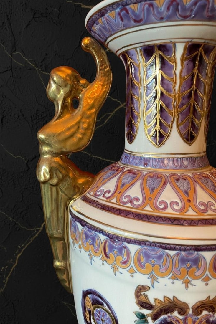 Hand Painted Winged Victory Urn 18" Vintage Porcelain Vase Purple Green & Gold - 6
