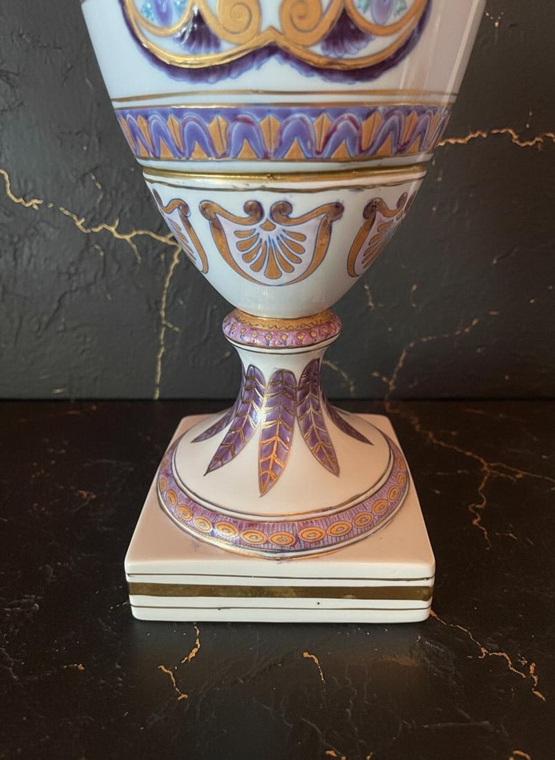 Hand Painted Winged Victory Urn 18" Vintage Porcelain Vase Purple Green & Gold - 7