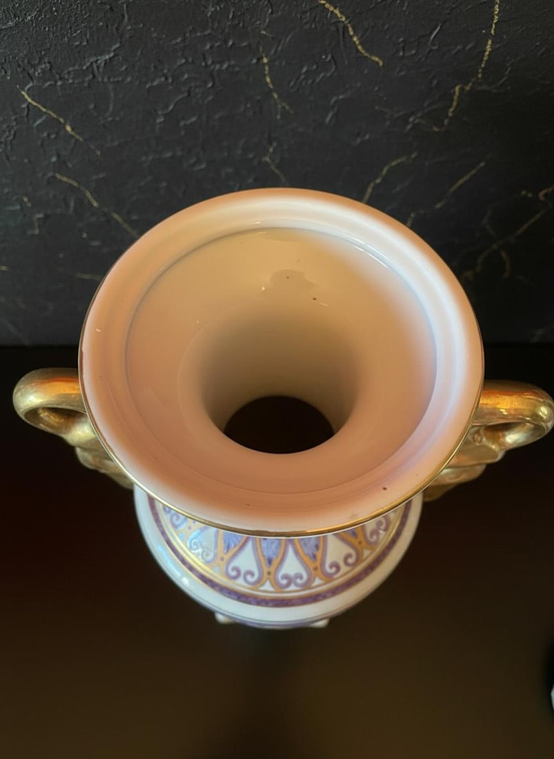 Hand Painted Winged Victory Urn 18" Vintage Porcelain Vase Purple Green & Gold - 8