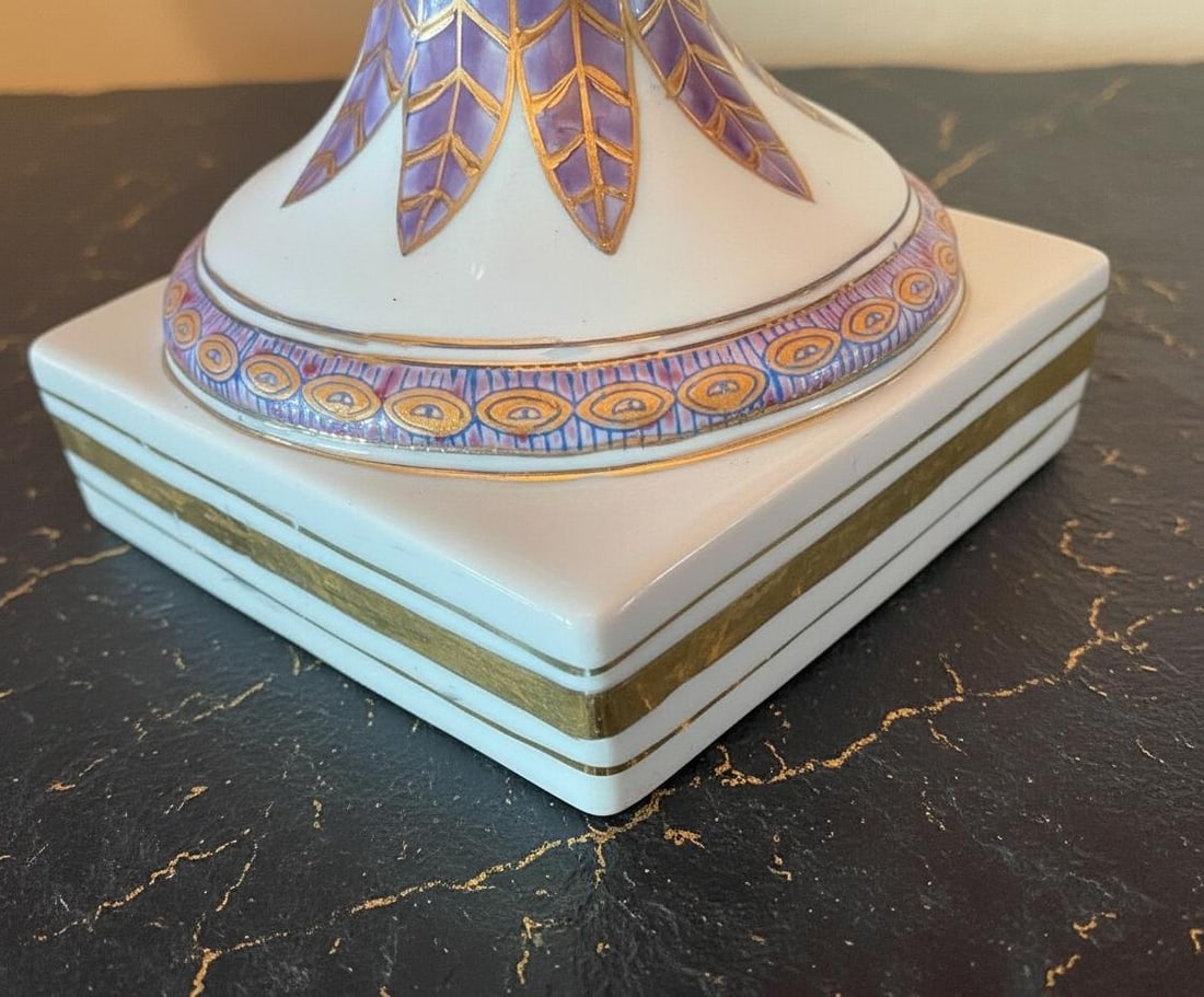 Hand Painted Winged Victory Urn 18" Vintage Porcelain Vase Purple Green & Gold - 9