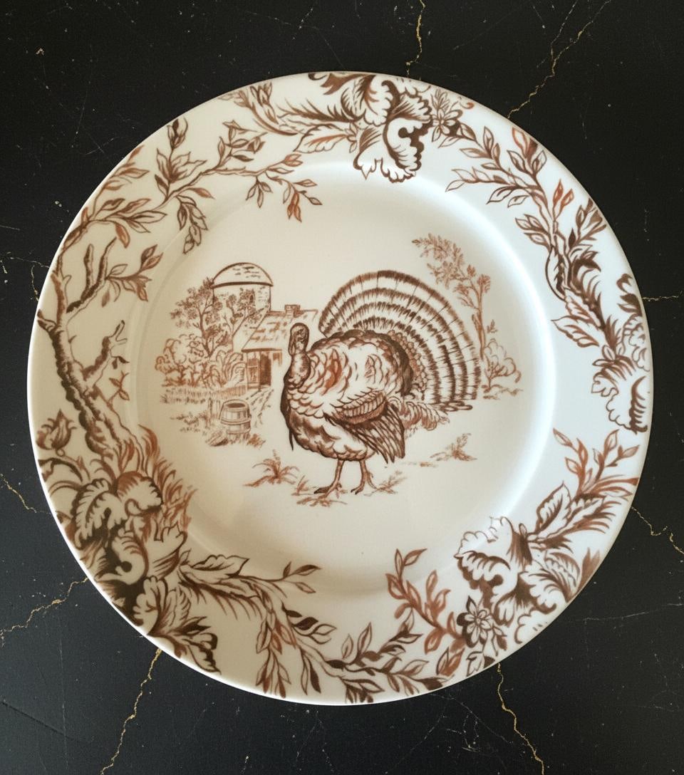 Set of 4 Pillivuyt French Porcelain Turkey Dinner Plates 9.5" Holiday Farm Scene - 2