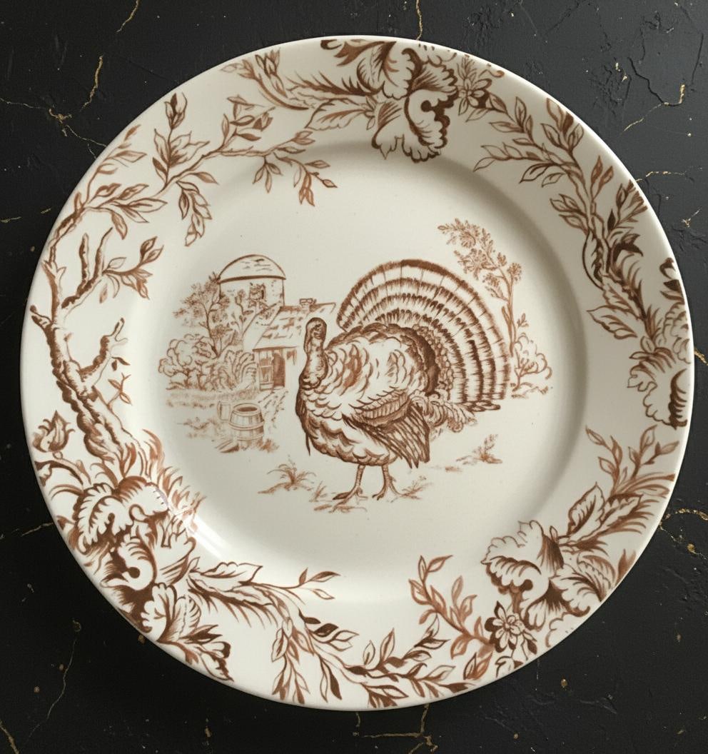 Set of 4 Pillivuyt French Porcelain Turkey Dinner Plates 9.5" Holiday Farm Scene - 5