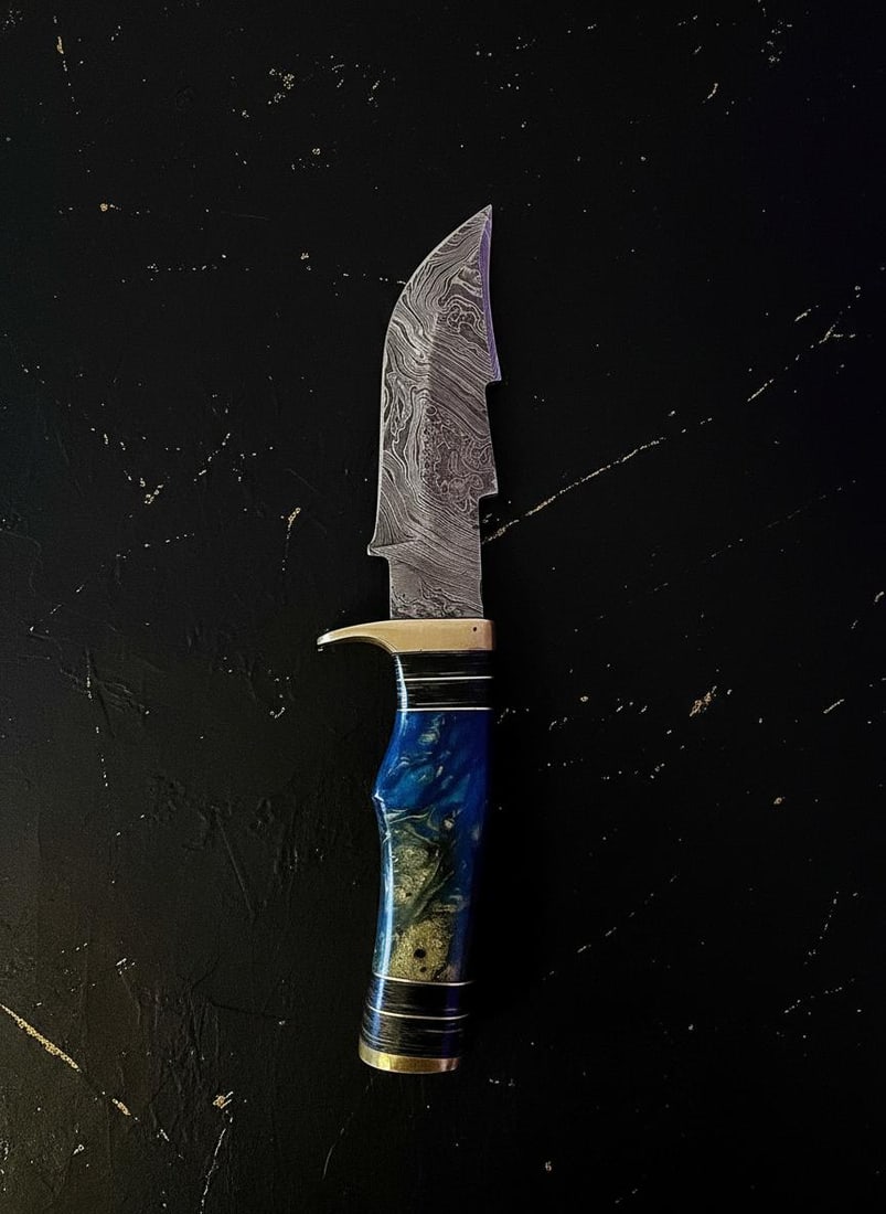 Pakistani Damascus Steel Knife, Hand-Forged Blade with Brass Hilt & Acrylic Handle - 4
