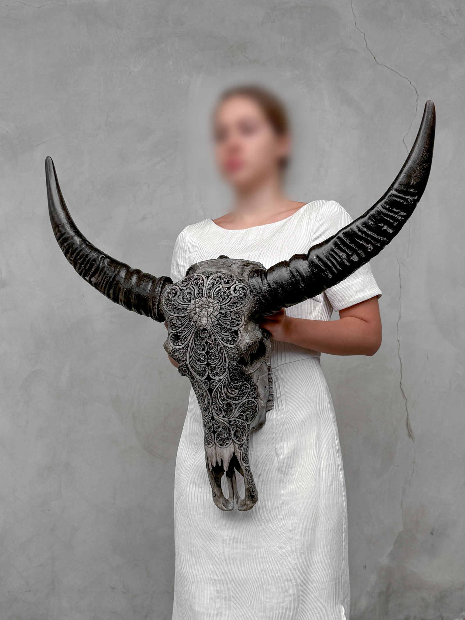 Grey water buffalo skull - Lotus motif - 3