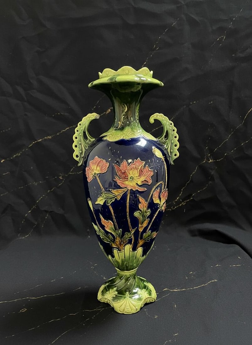 Antique Art Nouveau Floral Vase 17" Tall Majolica Pottery Deep Cobalt Blue #349: Title:Antique Art Nouveau Floral Vase 17" Tall Majolica Pottery Deep Cobalt Blue #349Description:This is a stunning piece of antique Majolica, a decorative and collectible vase with an intricate Art
