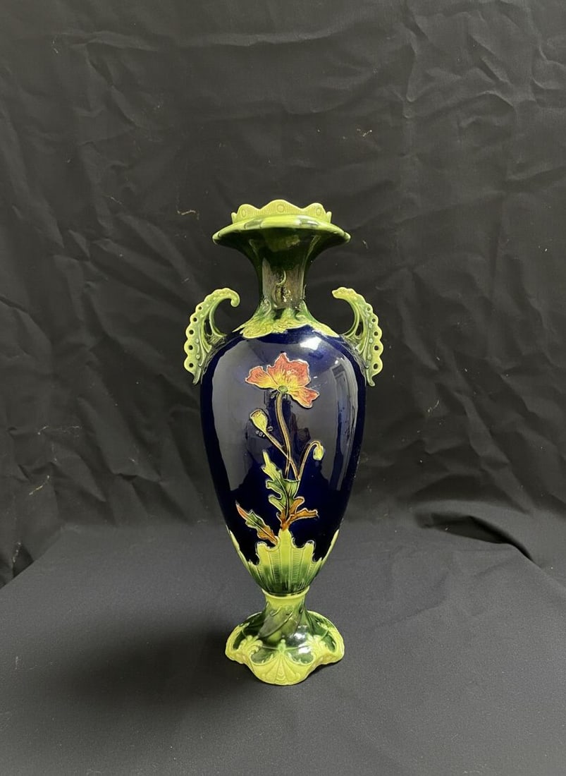 Antique Art Nouveau Floral Vase 17" Tall Majolica Pottery Deep Cobalt Blue #349 - 2