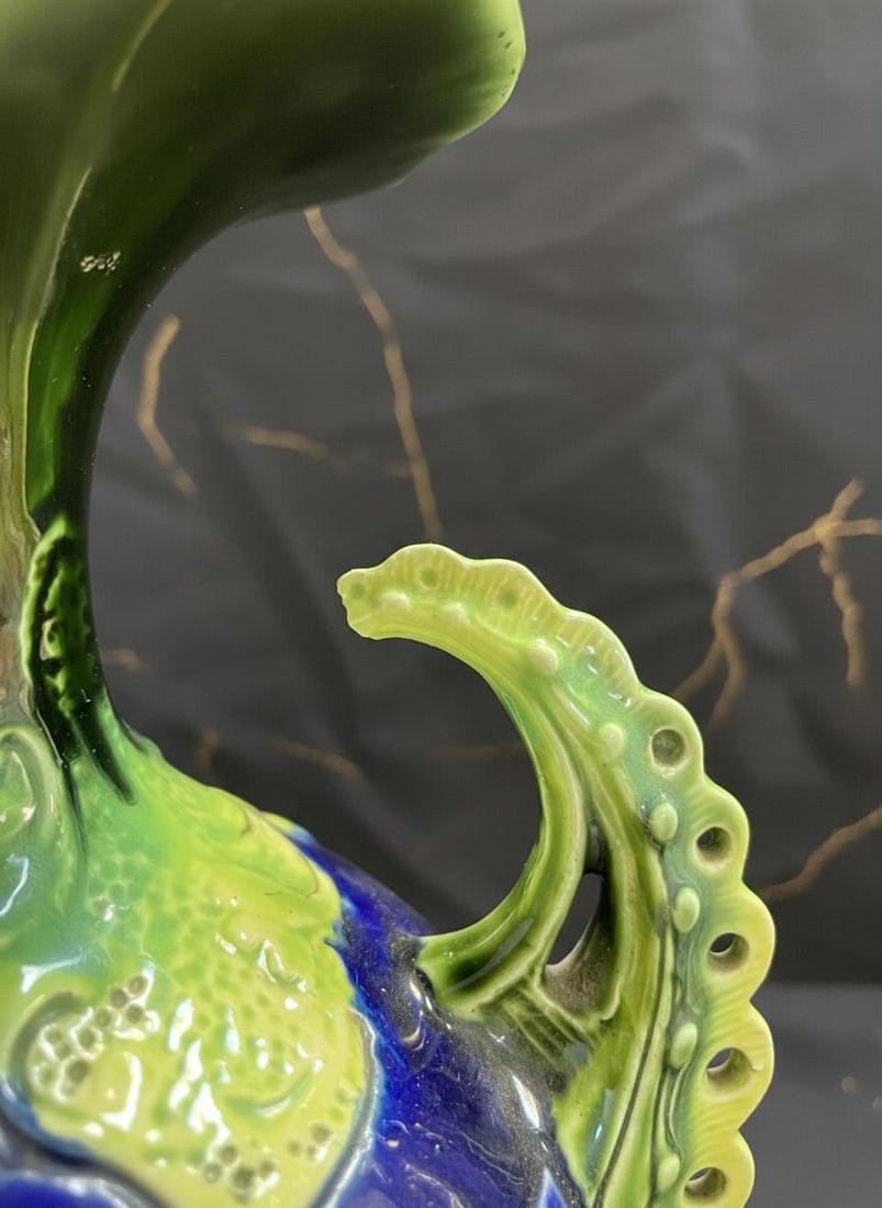 Antique Art Nouveau Floral Vase 17" Tall Majolica Pottery Deep Cobalt Blue #349 - 5