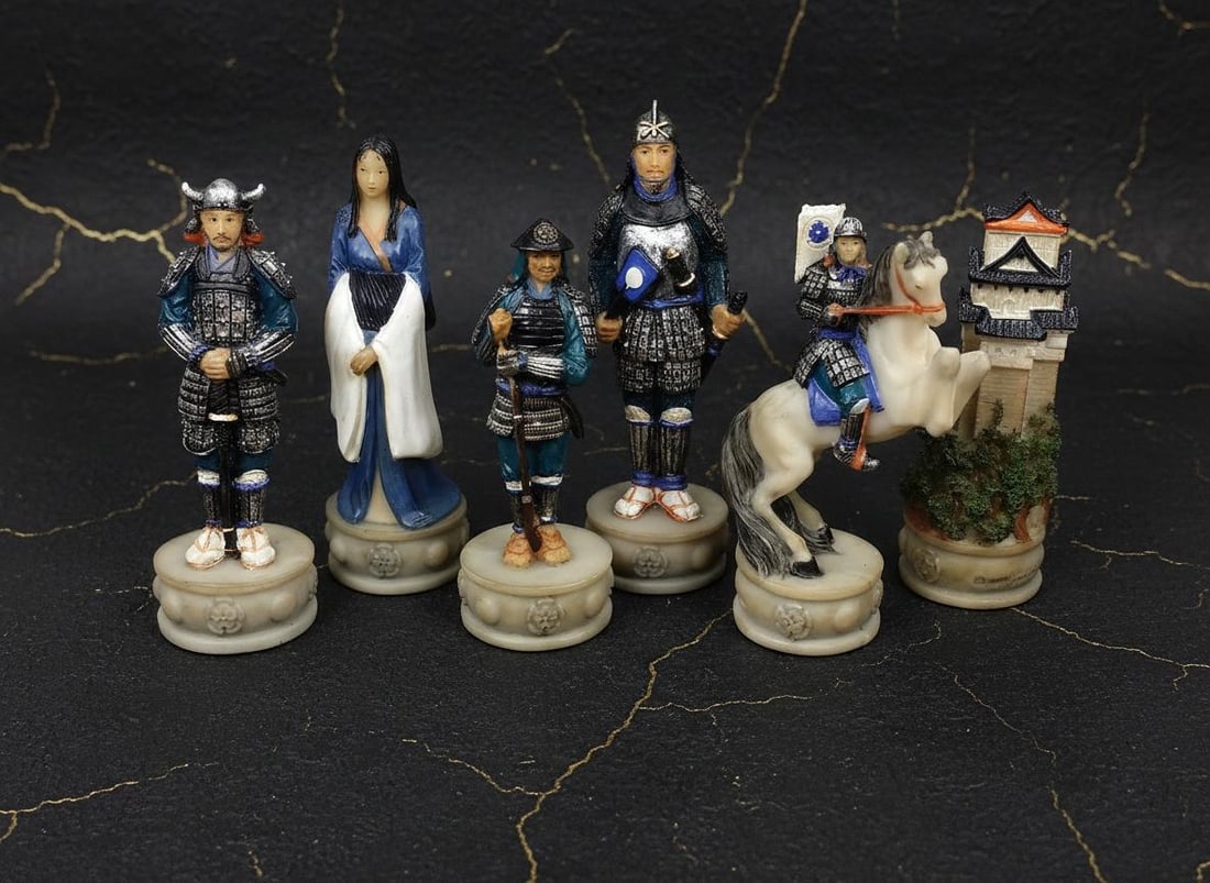 Hand Painted Japanese Samurai Warrior Chess Set 32 Pieces Oriental Theme NO BOARD - 2