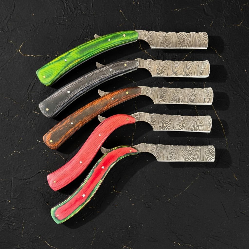 Set of 10 Handmade Damascus Steel Straight Razors with Pakka Wood Handles - 2