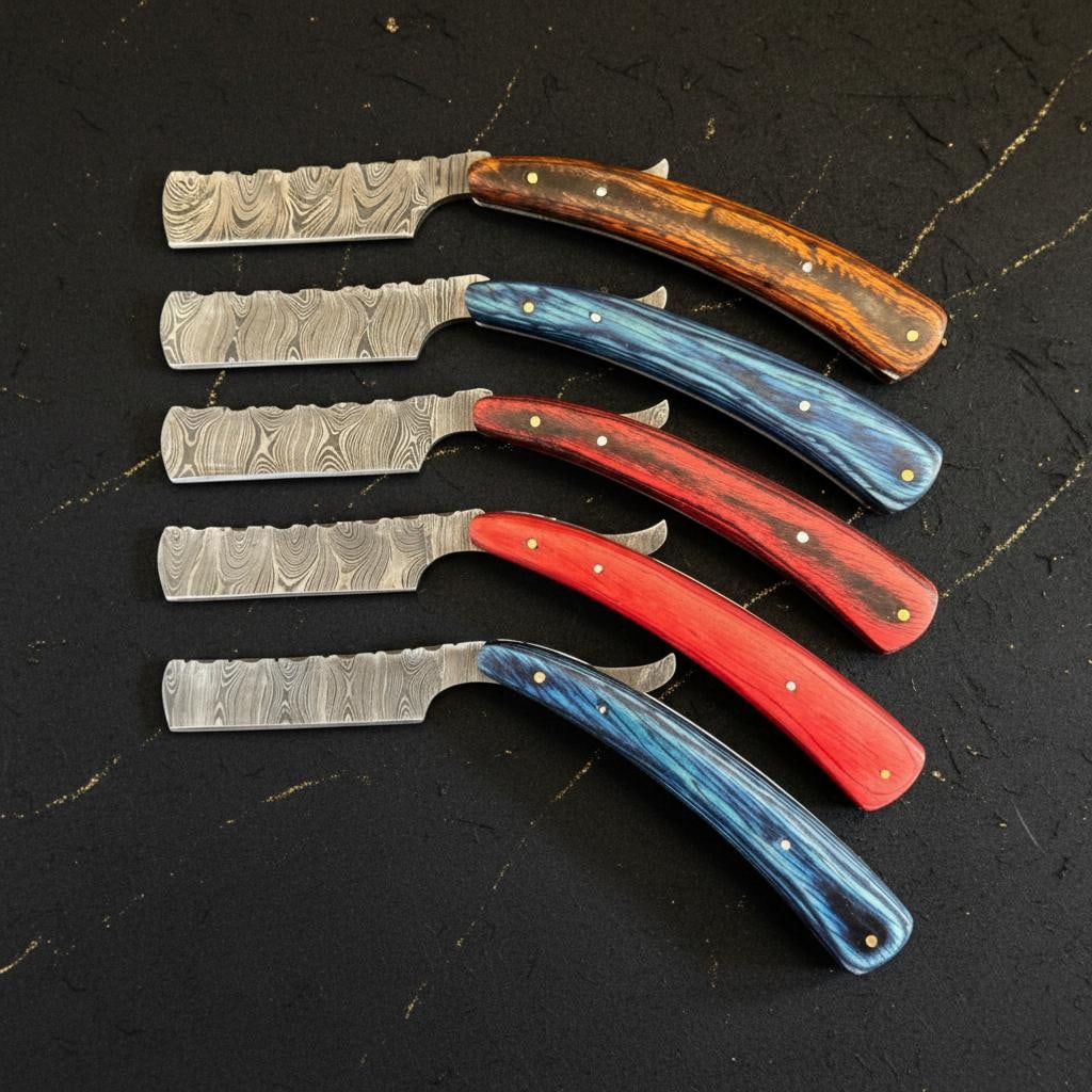 Set of 10 Handmade Damascus Steel Straight Razors with Pakka Wood Handles - 3