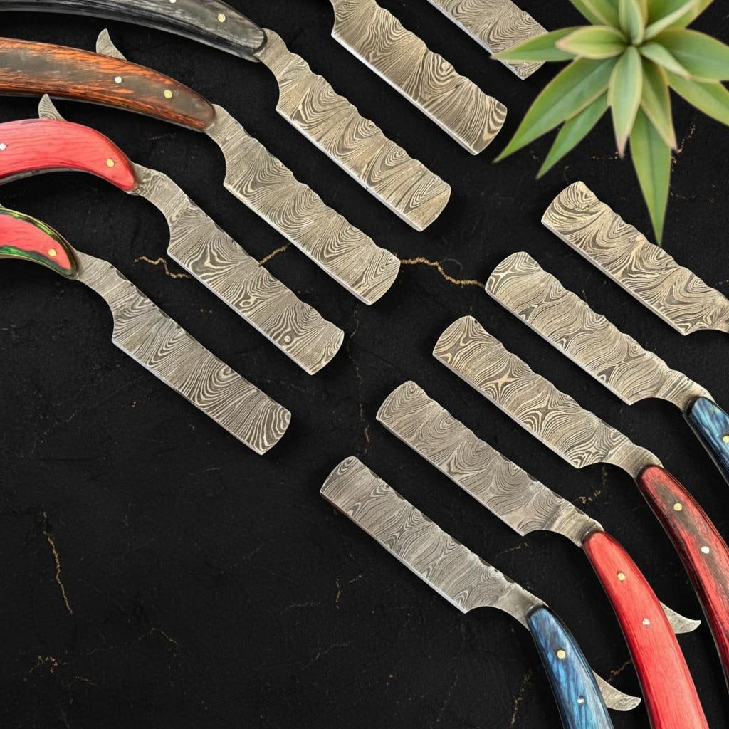 Set of 10 Handmade Damascus Steel Straight Razors with Pakka Wood Handles - 4