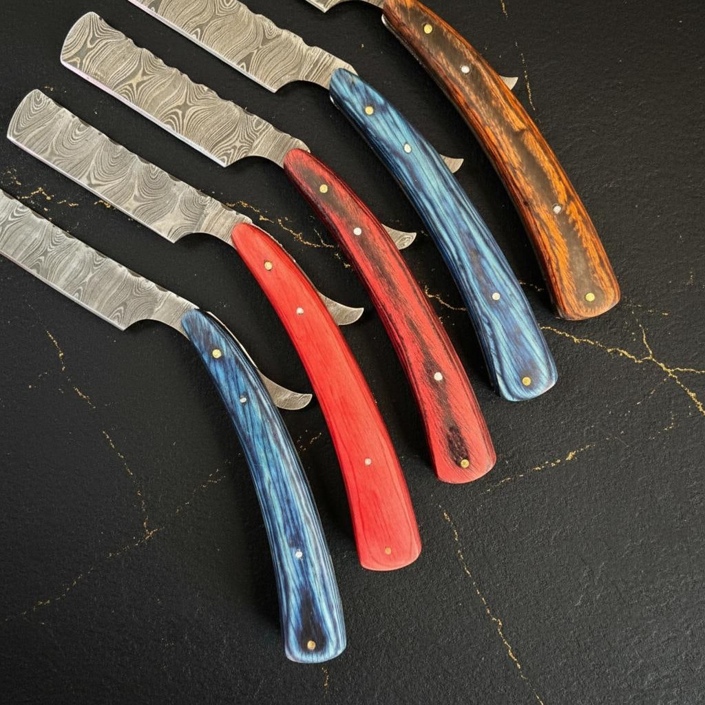 Set of 10 Handmade Damascus Steel Straight Razors with Pakka Wood Handles - 5