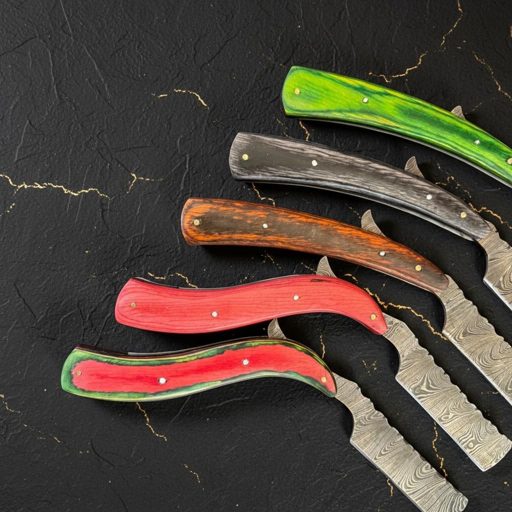 Set of 10 Handmade Damascus Steel Straight Razors with Pakka Wood Handles - 6