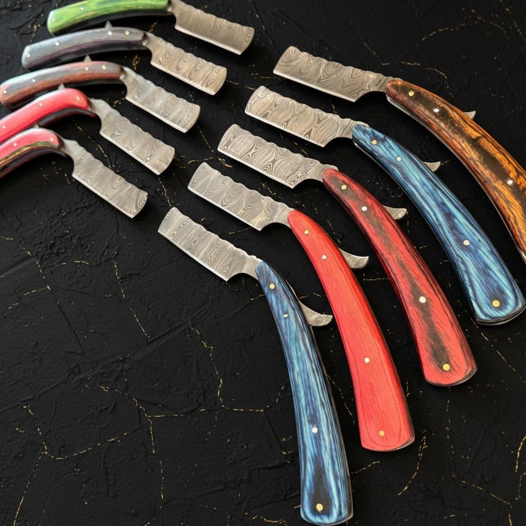 Set of 10 Handmade Damascus Steel Straight Razors with Pakka Wood Handles - 7