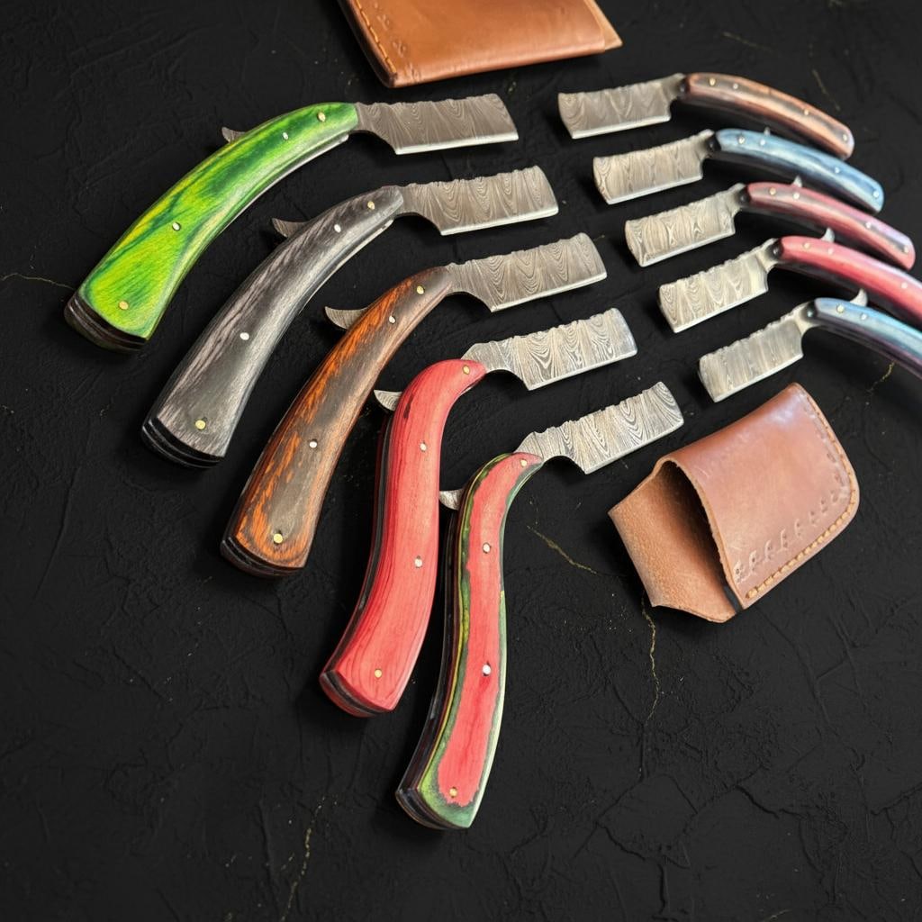 Set of 10 Handmade Damascus Steel Straight Razors with Pakka Wood Handles - 8