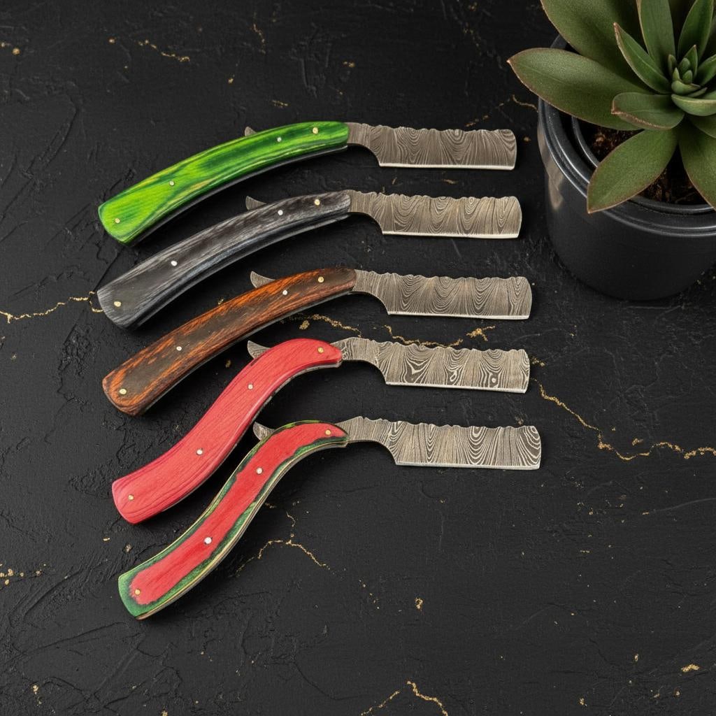 Set of 10 Handmade Damascus Steel Straight Razors with Pakka Wood Handles - 9
