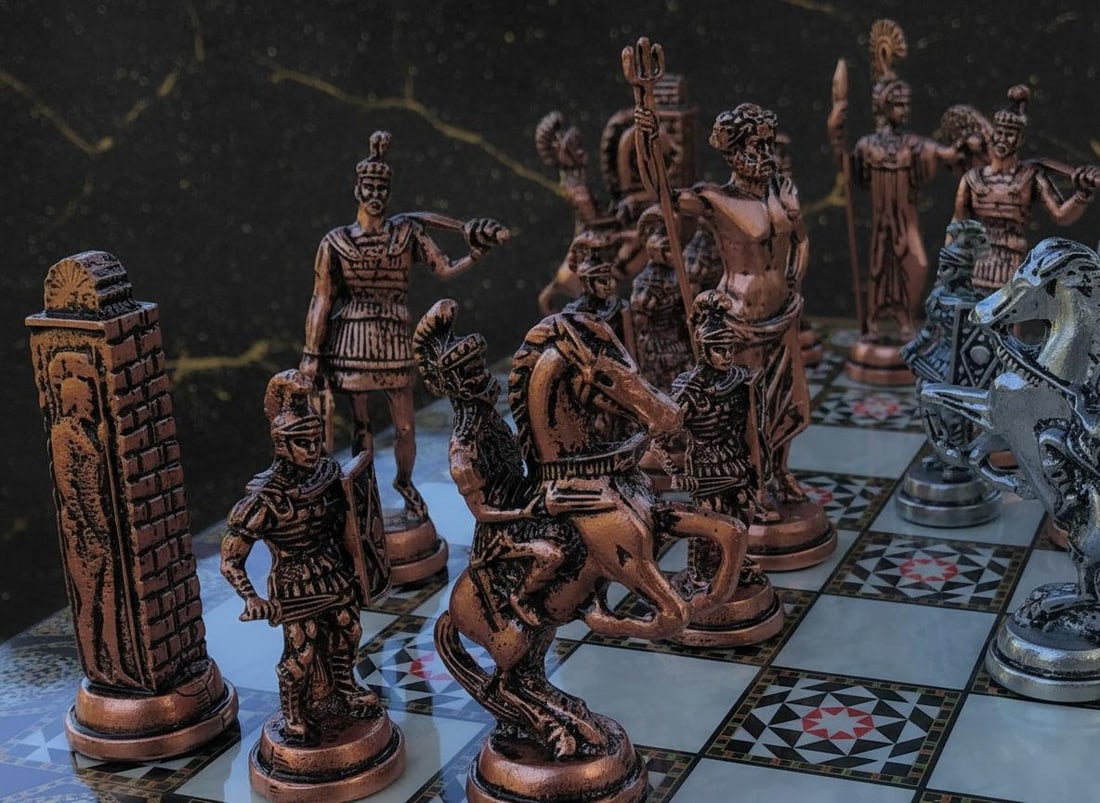 Handcrafted Turkish Mythology Chess Set with Gold Silver Metal Pieces & Wooden Board - 10