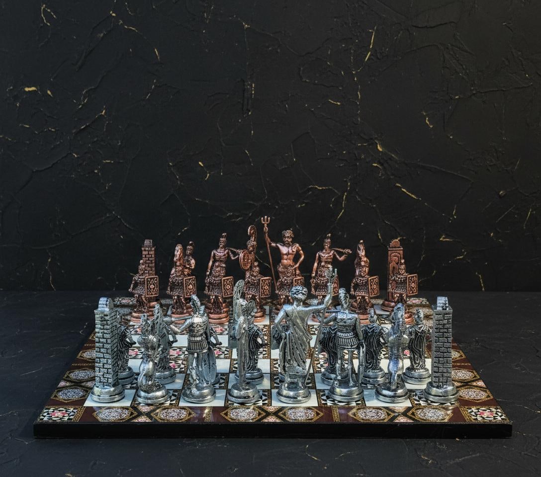 Handcrafted Turkish Mythology Chess Set with Gold Silver Metal Pieces & Wooden Board - 12