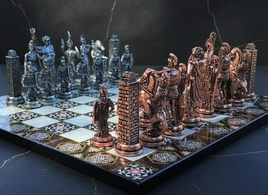 Handcrafted Turkish Mythology Chess Set with Gold Silver Metal Pieces & Wooden Board (1 of 13)