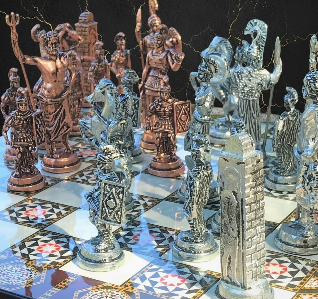 Handcrafted Turkish Mythology Chess Set with Gold Silver Metal Pieces & Wooden Board - 8