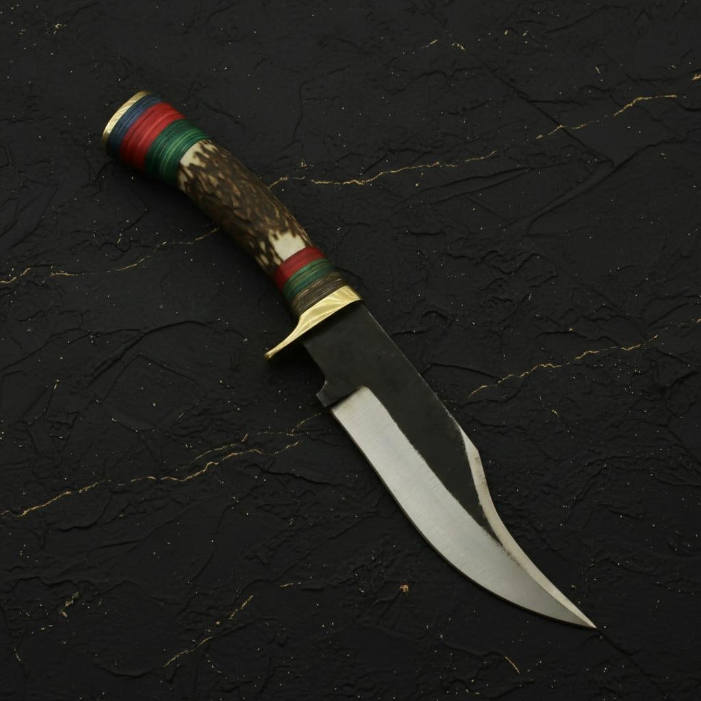 10" Hand Forged Damascus Steel Hunting Knife, Custom Stag Horn Handle, Leather Sheath: Title:10" Hand Forged Damascus Steel Hunting Knife, Custom Stag Horn Handle, Leather Sheath Description:Discover a masterfully crafted custom hunting knife, designed for durability and a classic aesth