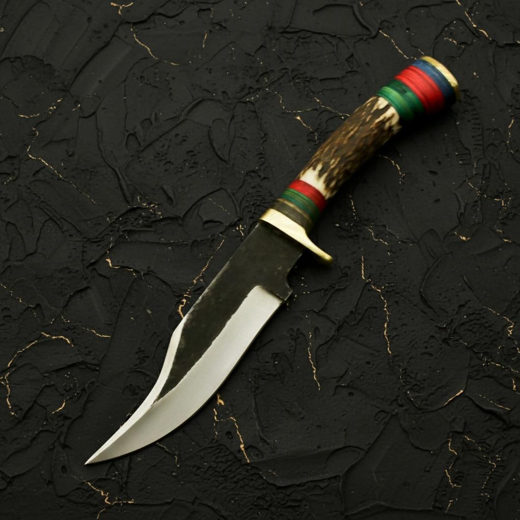 10" Hand Forged Damascus Steel Hunting Knife, Custom Stag Horn Handle, Leather Sheath - 2