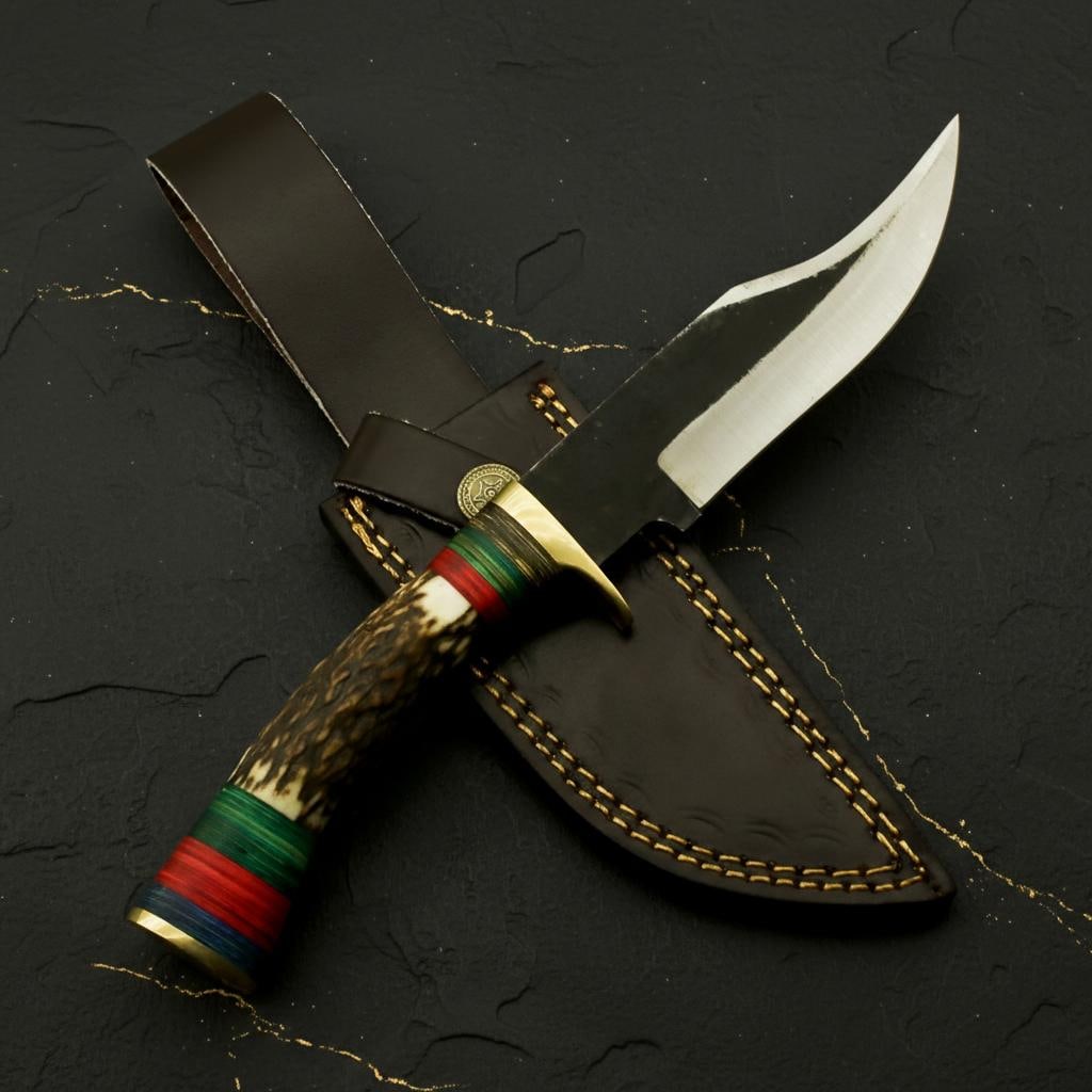 10" Hand Forged Damascus Steel Hunting Knife, Custom Stag Horn Handle, Leather Sheath - 3