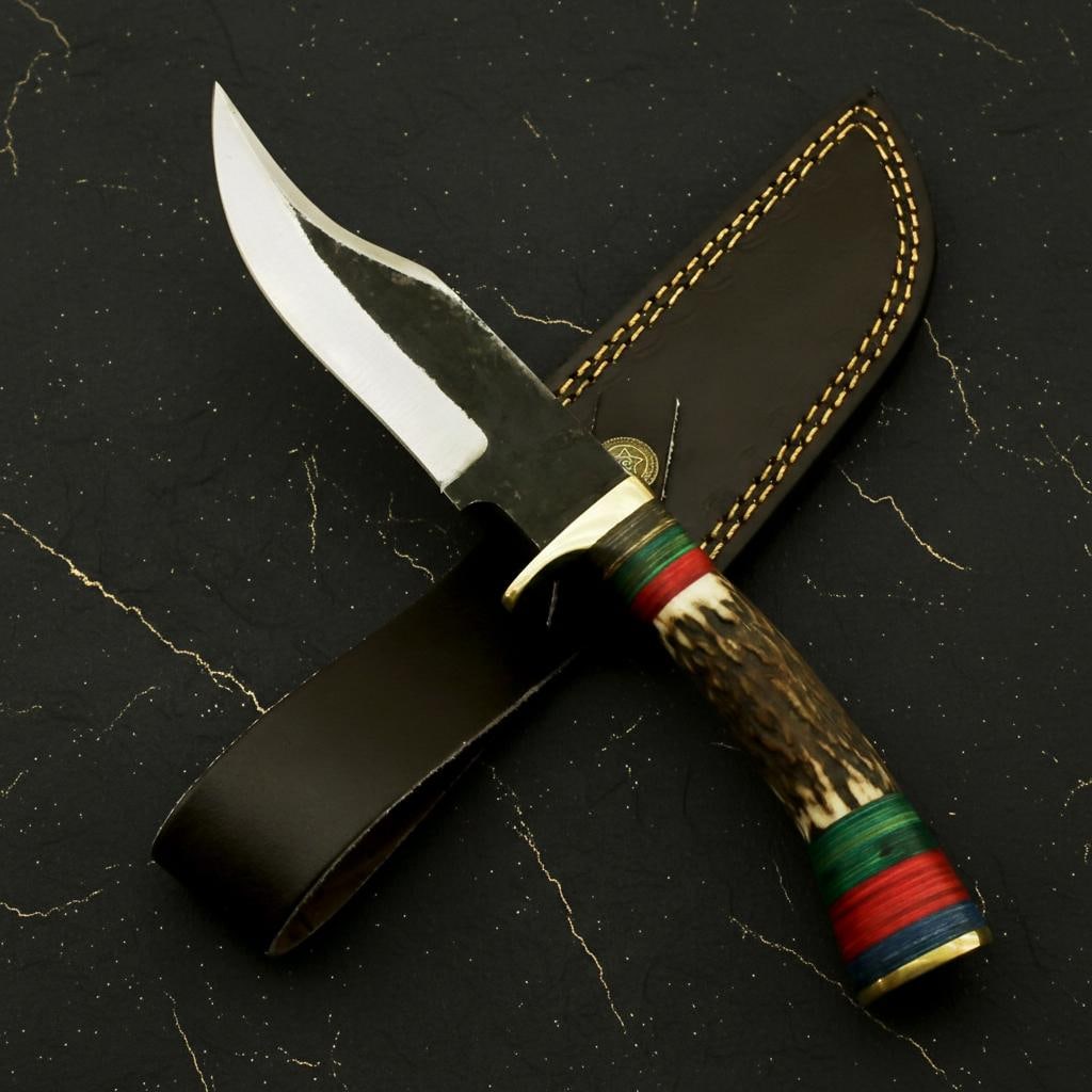10" Hand Forged Damascus Steel Hunting Knife, Custom Stag Horn Handle, Leather Sheath - 4