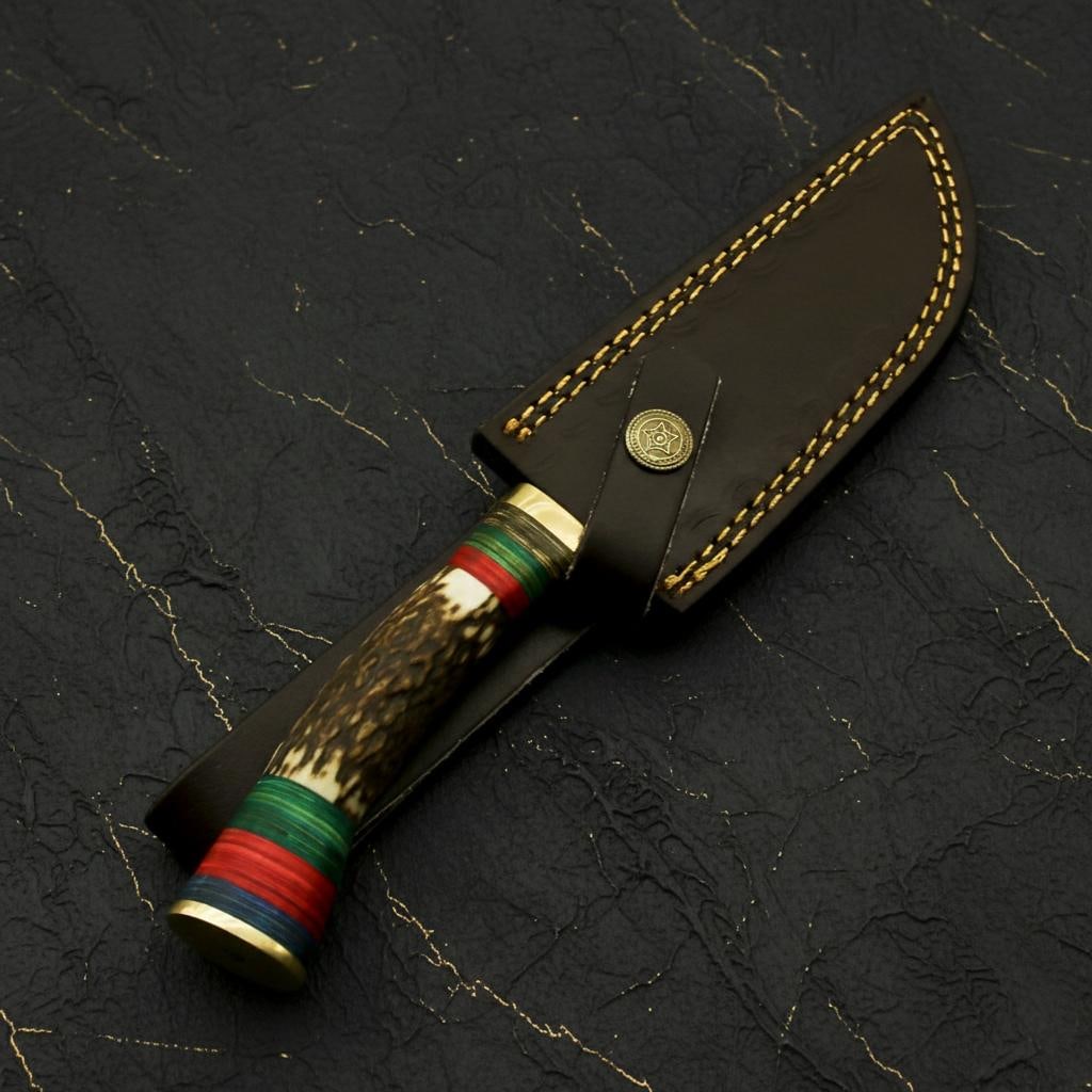 10" Hand Forged Damascus Steel Hunting Knife, Custom Stag Horn Handle, Leather Sheath - 6