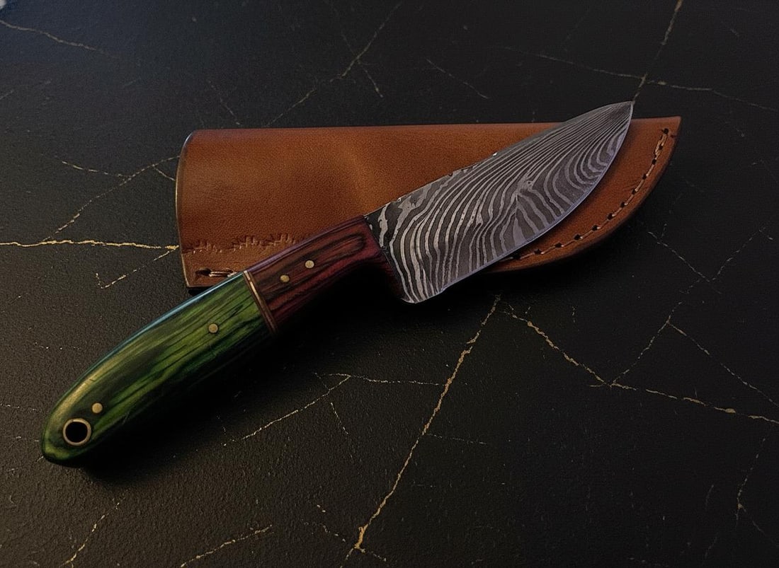 Hand Forged Damascus Steel Knife Full Tang Drop Point Blade with Dyed Wood Sheath: Title:Hand Forged Damascus Steel Knife Full Tang Drop Point Blade with Dyed Wood SheathDescription:This hand-forged knife features a high-quality Damascus steel blade known for its durability and