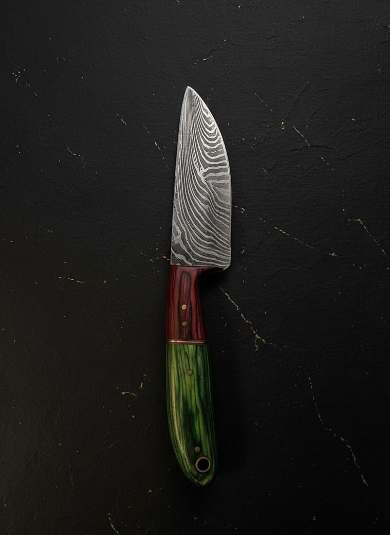 Hand Forged Damascus Steel Knife Full Tang Drop Point Blade with Dyed Wood Sheath - 2