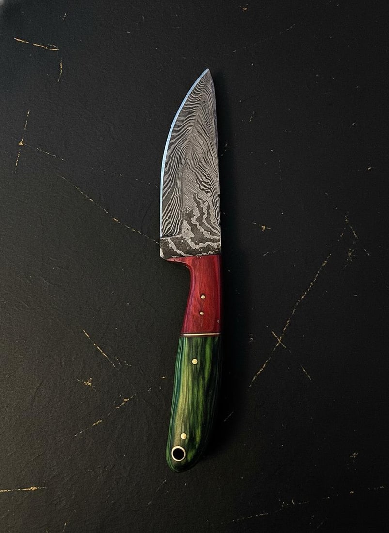 Hand Forged Damascus Steel Knife Full Tang Drop Point Blade with Dyed Wood Sheath - 3