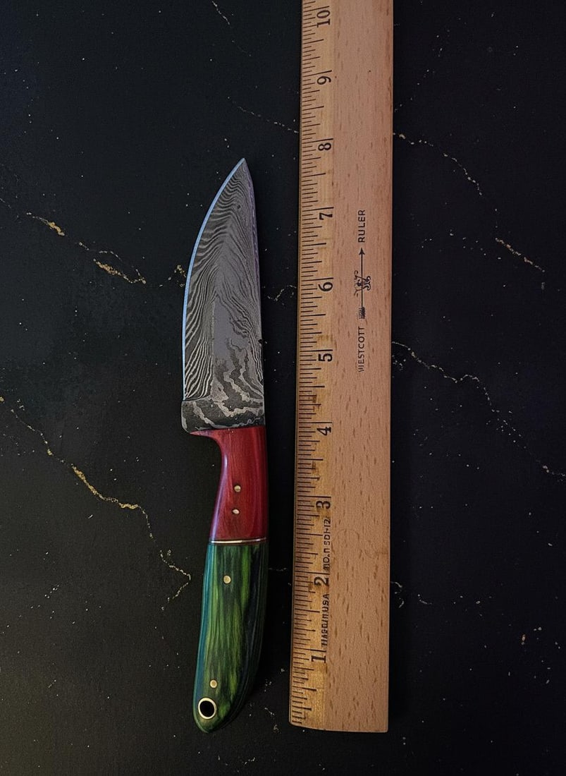 Hand Forged Damascus Steel Knife Full Tang Drop Point Blade with Dyed Wood Sheath - 4