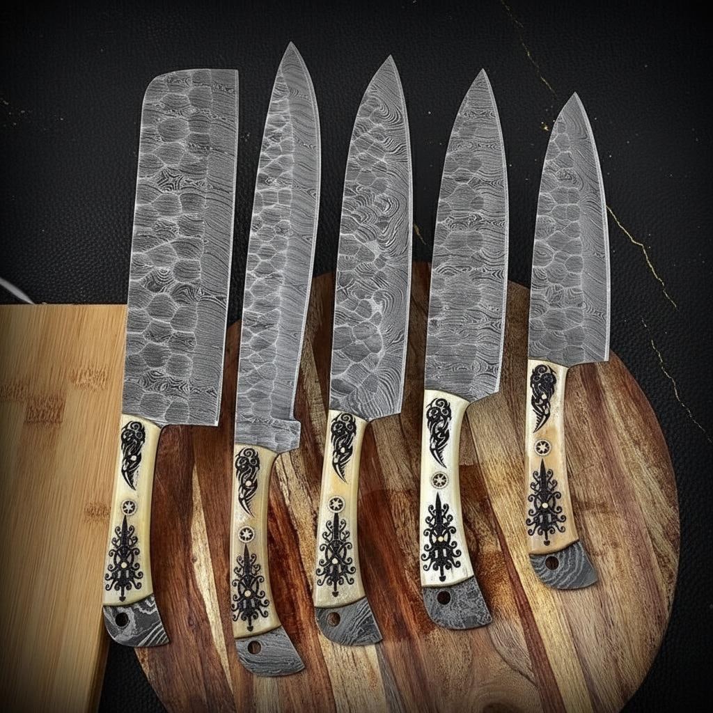 Engraved Camel Bone 5pc Kitchen Knife Set Hand Forged Twist Damascus Steel: Title:Engraved Camel Bone 5pc Kitchen Knife Set Hand Forged Twist Damascus SteelDescription:Discover this expertly crafted 5-piece kitchen knife set, featuring hand-forged Damascus steel blades and