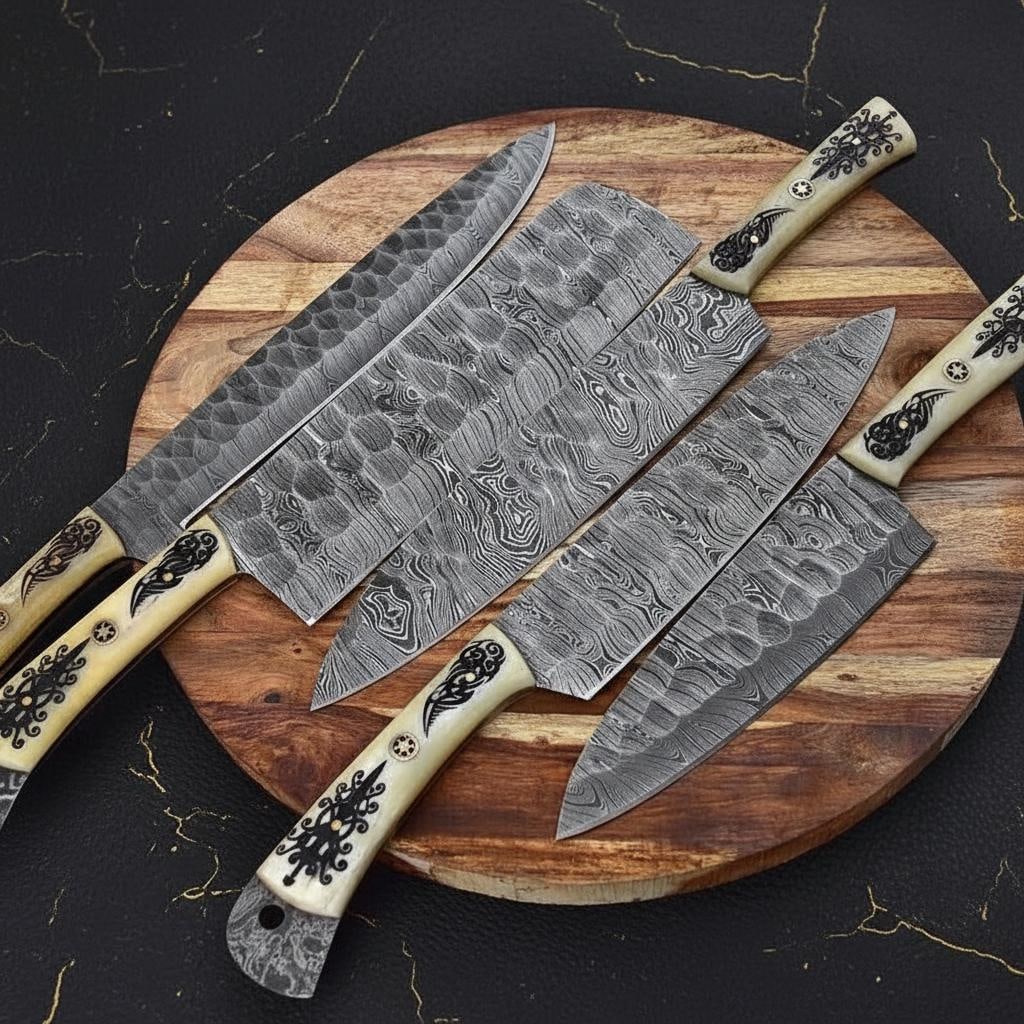 Engraved Camel Bone 5pc Kitchen Knife Set Hand Forged Twist Damascus Steel - 2