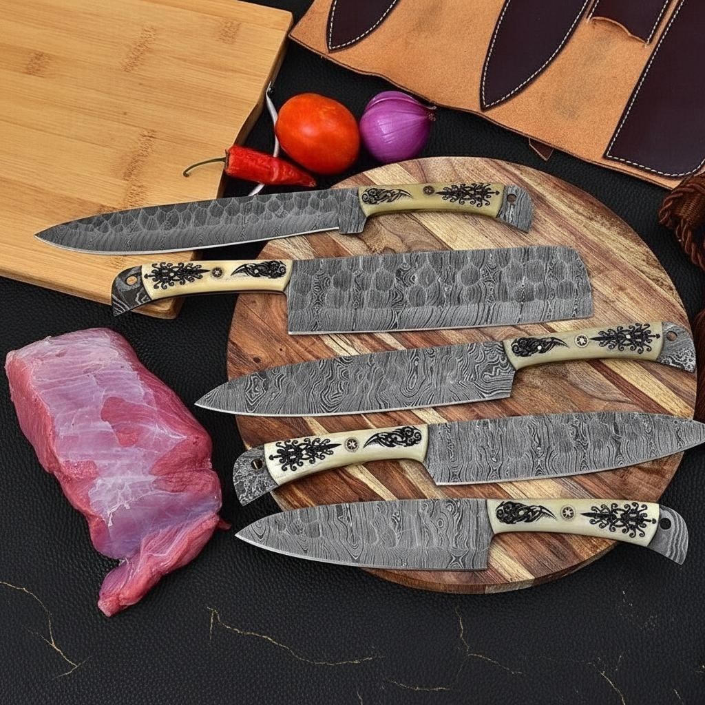 Engraved Camel Bone 5pc Kitchen Knife Set Hand Forged Twist Damascus Steel - 3