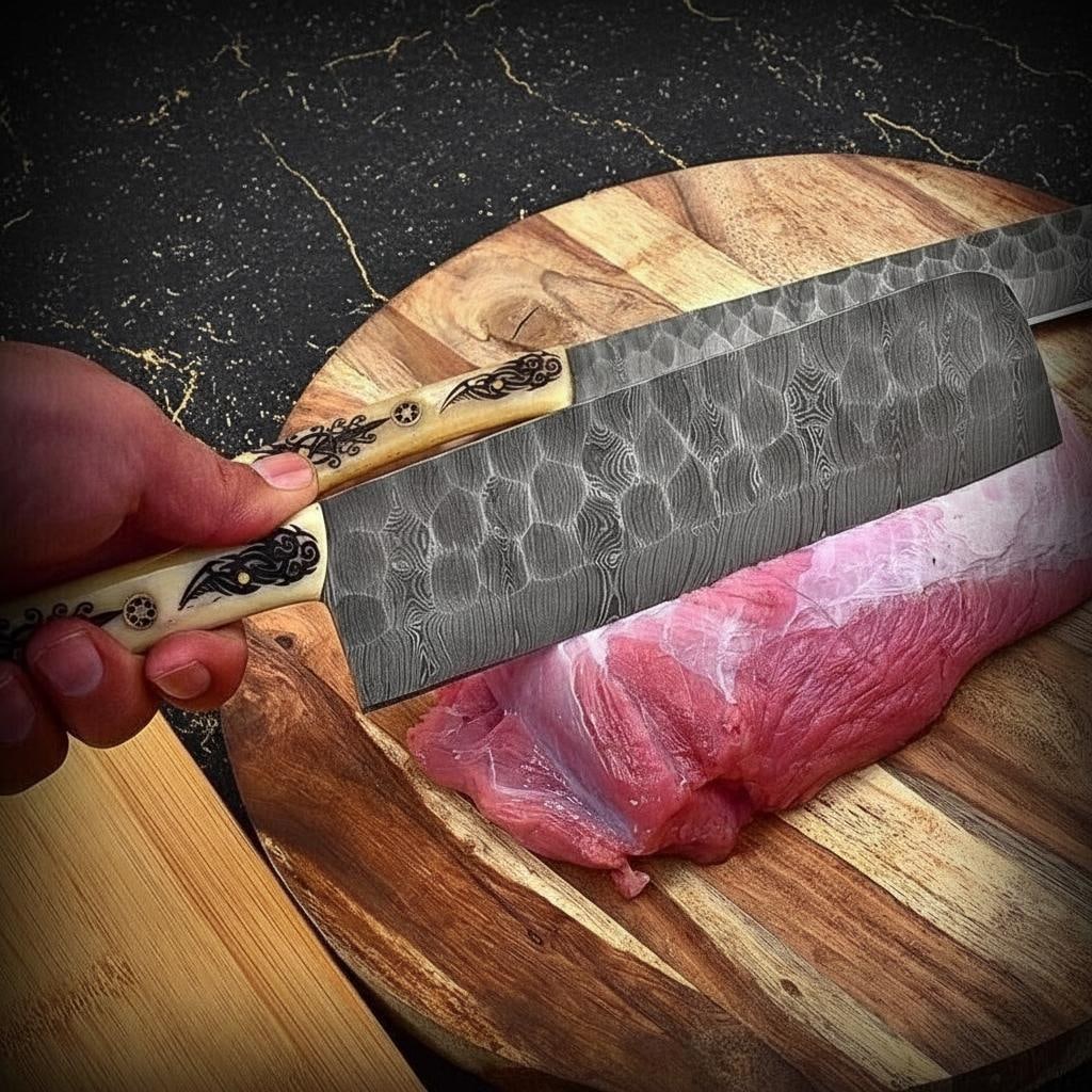 Engraved Camel Bone 5pc Kitchen Knife Set Hand Forged Twist Damascus Steel - 6