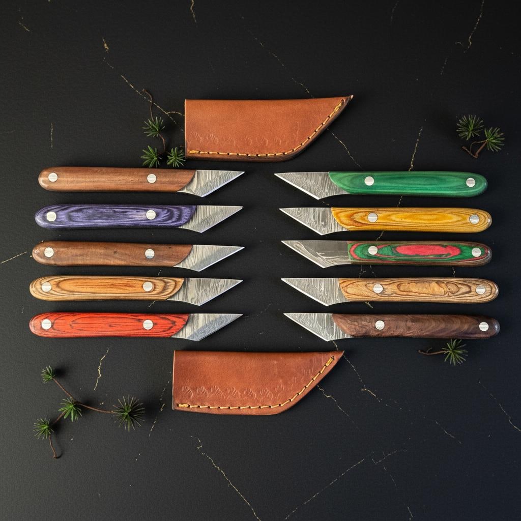 Lot of 10 Hand Forged Kiridashi Knives, Damascus Steel Blade, Pakka Wood Handle (1 of 7)