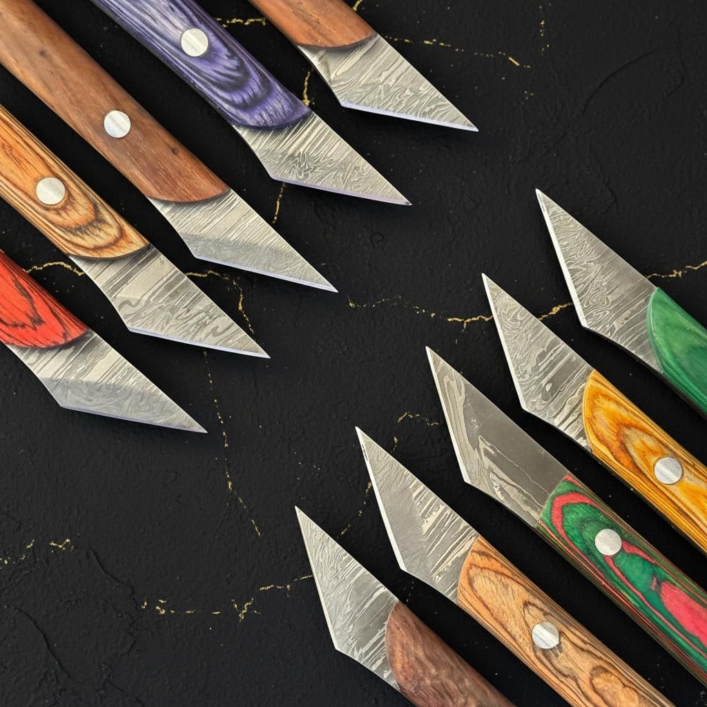 Lot of 10 Hand Forged Kiridashi Knives, Damascus Steel Blade, Pakka Wood Handle - 2