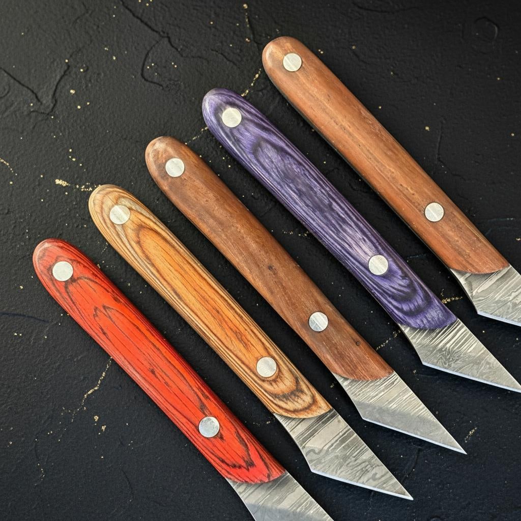 Lot of 10 Hand Forged Kiridashi Knives, Damascus Steel Blade, Pakka Wood Handle - 3